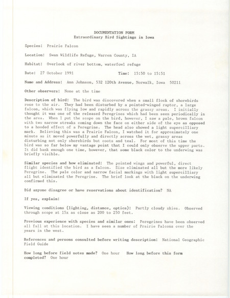 Rare bird documentation form for a Prairie Falcon at Swan Wildlife Refuge in Marion County, IA on October 27, 1991.