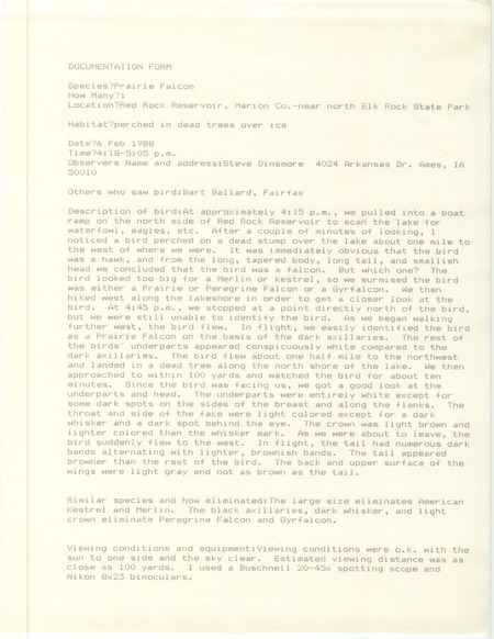 Rare bird documentation form for a Prairie Falcon at Red Rock Reservoir in Marion County, IA on February 6, 1988.
