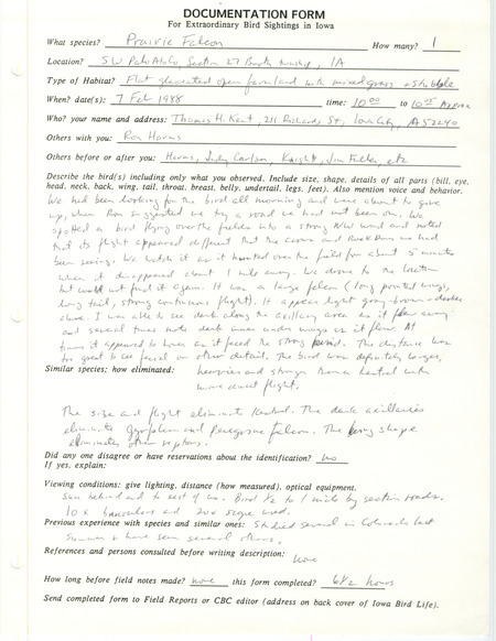 Rare bird documentation form for a Prairie Falcon at Booth Township in Palo Alto County, IA on February 7, 1988.
