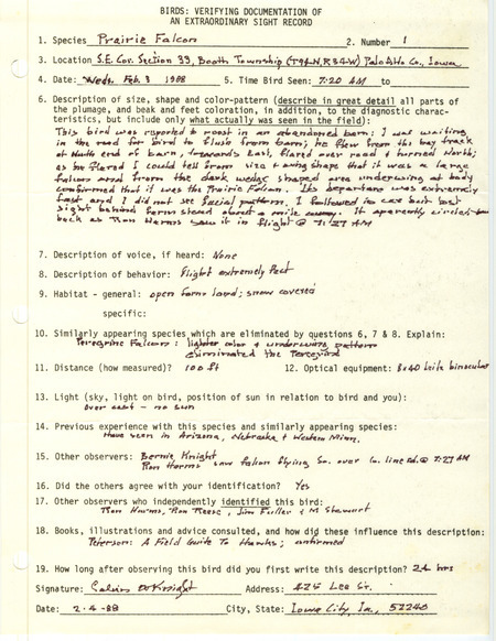 Rare bird documentation form for a Prairie Falcon at Booth Township in Palo Alto County, IA on February 3, 1988.
