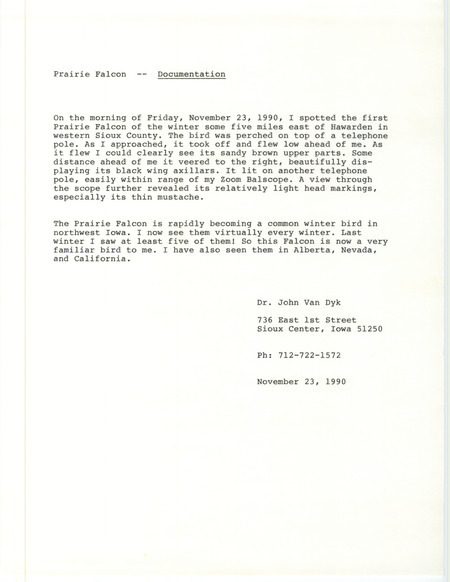 Rare bird documentation form for a Prairie Falcon east of Hawarden in western Sioux County, IA on November 23, 1990.