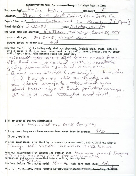 Rare bird documentation form for a Prairie Falcon in Cerro Gordo County, IA on February 22, 1997.