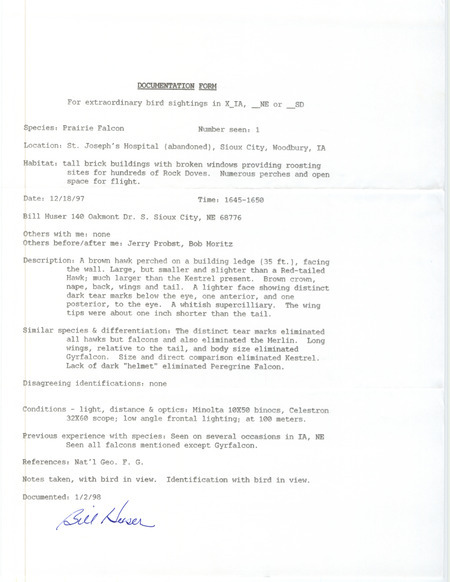 Rare bird documentation form for a Prairie Falcon at St. Joseph's Hospital (abandoned) in Sioux City in Woodbury County, IA on December 18, 1997.