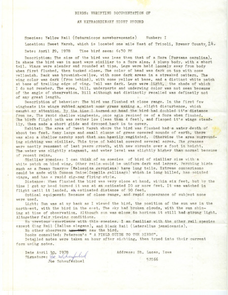 Rare bird documentation form for a Yellow Rail at Sweet March in Bremer County, IA on April 29, 1978.