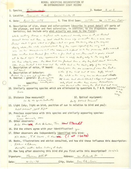 Rare bird documentation form for two or three Yellow Rails at Conesville March in Louisa County, IA on April 30, 1978.