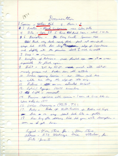 Rare bird documentation form for a Yellow Rail at Cedar Hills Sand Prairie in Black Hawk County, IA on April 29, 1979.