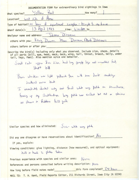 Rare bird documentation form for a Yellow Rail at Ames in Story County, IA on April 13, 1983.