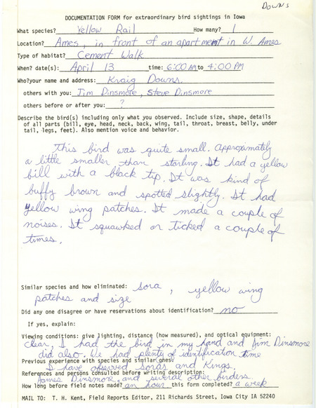 Rare bird documentation form for a Yellow Rail at Ames in Story County, IA on April 13, 1983.