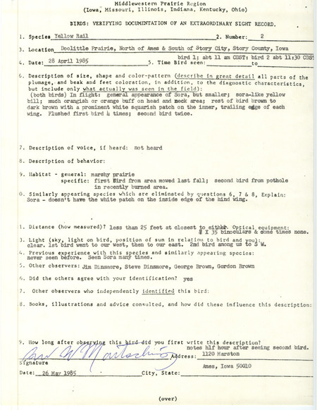 Rare bird documentation form for two Yellow Rails at Doolittle Prairie in Story County, IA on April 28, 1985.