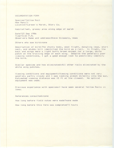 Rare bird documentation form for a Yellow Rail at Larson's March in Story County, IA on September 23, 1986.