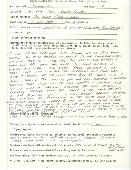 Rare bird documentation form for a Yellow Rail near Cone March in Louisa County, IA on May 7, 1989.