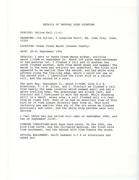 Rare bird documentation form for one to two Yellow Rails at Snake Creek March in Greene County, IA on September 20 and September 21, 1991.
