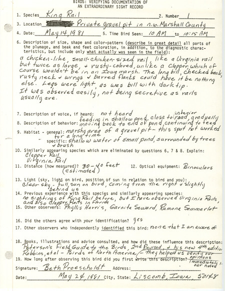 Rare bird documentation form for a King Rail in northwest Marshall County, IA on May 14, 1981.