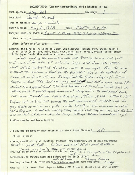 Rare bird documentation form for a King Rail at Sweet March at Bremer County, IA on May 6, 1983.