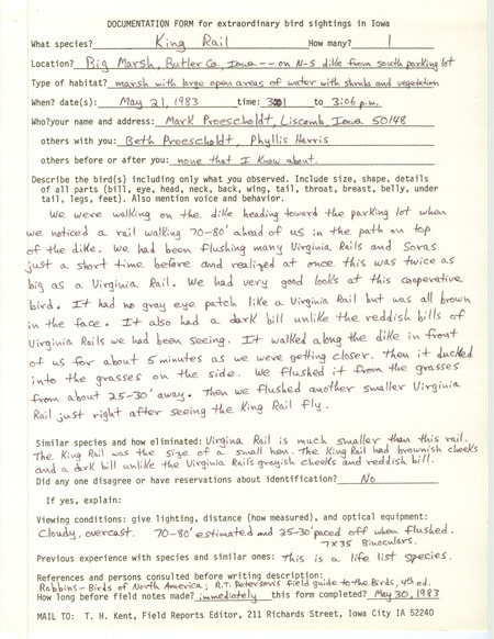 Rare bird documentation form for a King Rail at Big March in Butler County, IA on May 21, 1983.