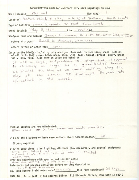 Rare bird documentation form for a King Rail at Ventura March in Hancock County, IA on May 11, 1984.