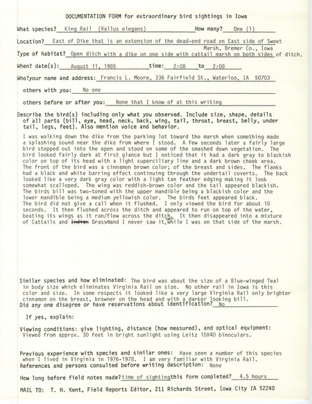 Rare bird documentation form for a King Rail at Sweet March in Bremer County, IA on August 11, 1985.