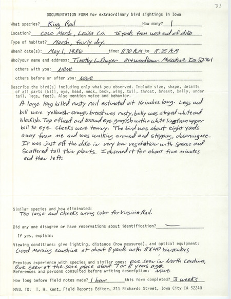 Rare bird documentation form for a King Rail at Cone March in Louisa County, IA on May 1, 1986.