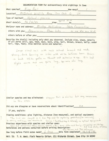 Rare bird documentation form for a King Rail at McIntosh Wildlife Area in Cerro Gordo County, IA on June 10, 1986.
