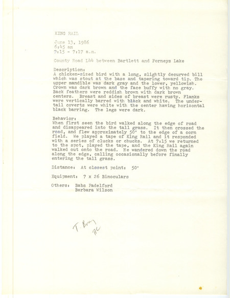 Rare bird sighting for a King Rail on county road L44 between Bartlett and Forneys Lake in Fremont County, IA on June 13, 1986.