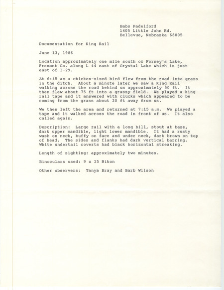 Rare bird sighting for a King Rail south of Forneys Lake in Fremont County, IA on June 13, 1986.