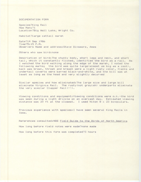 Rare bird documentation form for a King Rail at Big Wall Lake in Wright County, IA on September 14, 1986.