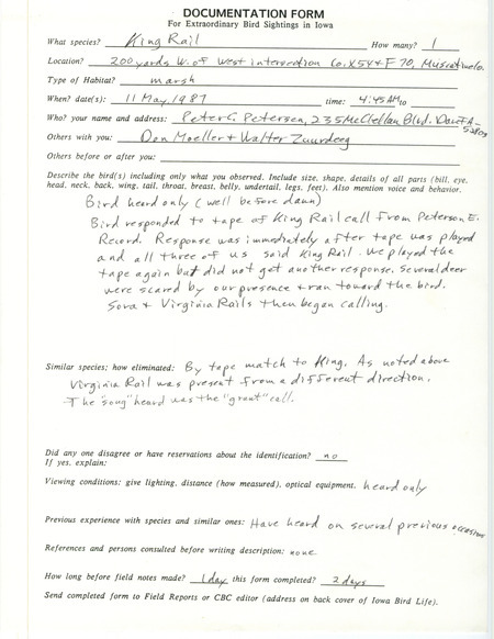 Rare bird documentation form for a King Rail at Muscatine County, IA on May 11, 1987.