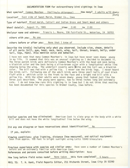 Rare bird documentation form for thirteen Common Moorhens at Sweet March in Bremer County, IA on August 11, 1985.