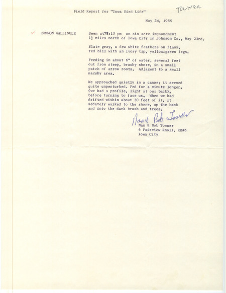 Rare bird documentation form for a Common Gallinule at Iowa City in Johnson County, IA on May 23, 1985.