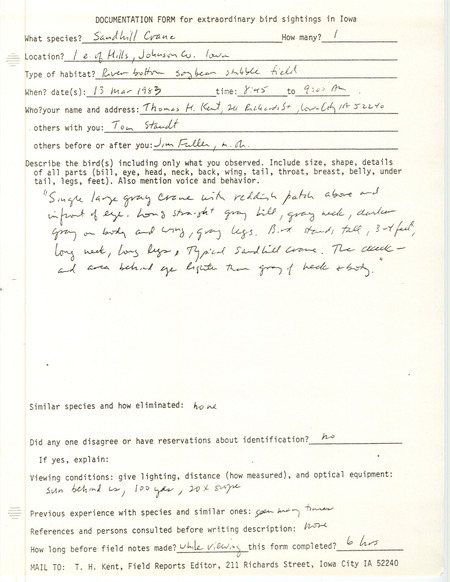 Rare bird documentation form for a Sandhill Crane east of Hills in Johnson County, IA on March 13, 1983.