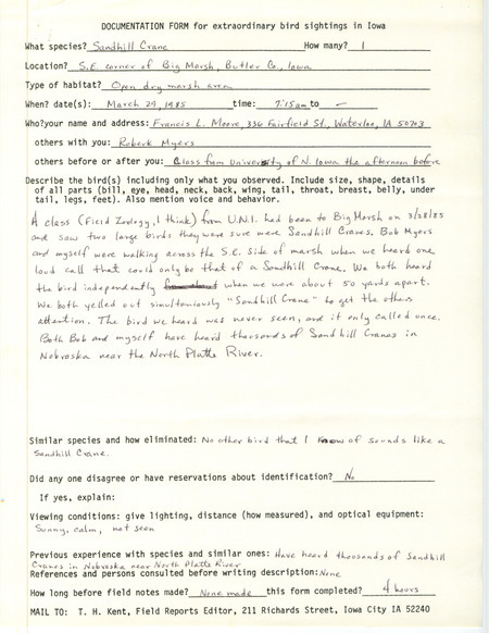 Rare bird documentation form for a Sandhill Crane at Big March in Butler County, IA on March 29, 1985.