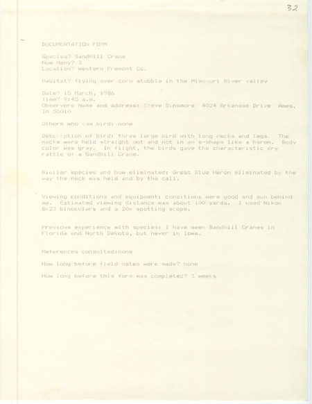 Rare bird documentation form for three Sandhill Cranes in western Fremont County, IA on March 15, 1986.