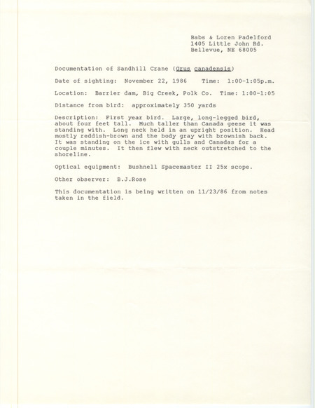 Rare bird documentation form for a Sandhill Crane at Big Creek Barrier Dam in Polk County, IA on November 22, 1986.