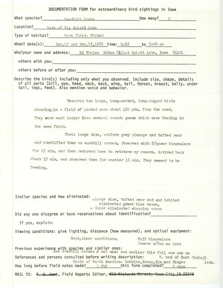 Rare bird documentation form for two Sandhill Cranes east of Big Spirit Lake in Dickinson County, IA on December 12 and December 28, 1988.