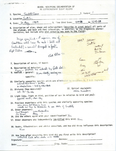 Rare bird documentation form for a Sandhill Crane at Scott County, IA on May 21, 1989.