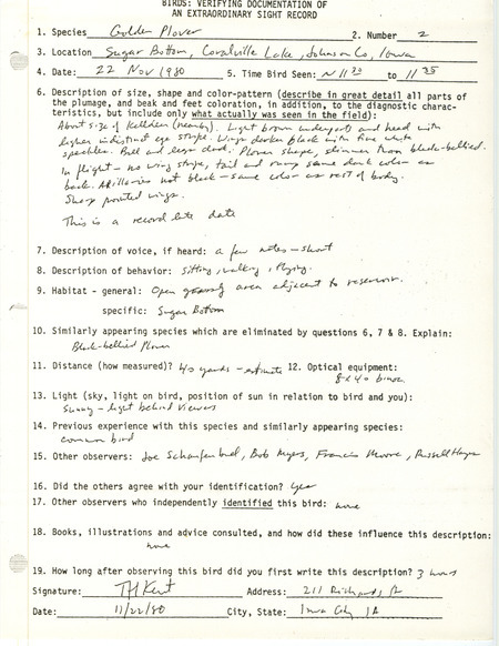 Rare bird documentation form for two American Golden-Plover at Sugar Bottom in Coralville Reservoir in Johnson County, IA on November 22, 1980.
