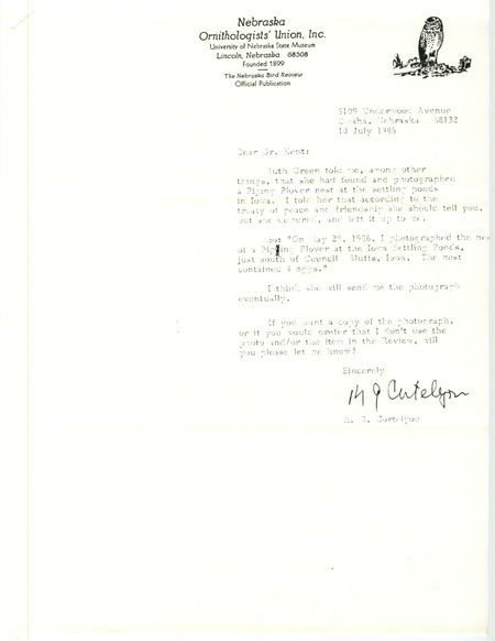 Rushton G. Cortelyou letter to Thomas Kent, July 10, 1986, regarding a Piping Plover nest at the MidAmerican Energy Settling Ponds near Council Bluffs, IA on May 28, 1986. There is a response from Kent about Piping Plover sightings as well as how Nebraska ornithologists should report Iowa bird sightings dated July 12, 1986.