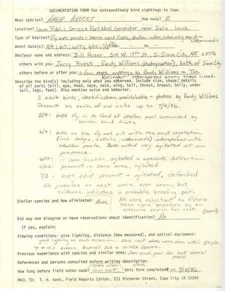 Rare bird documentation form for two American Avocets near New Lake in Woodbury County, IA on May 9, June 7, June 17, June 24, July 3, and one seen there on July 17, 1986.