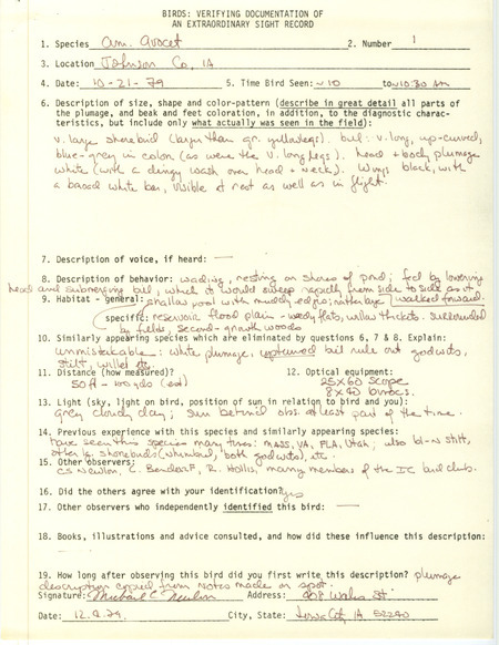 Rare bird documentation form for an American Avocet at Johnson County, IA on October 21, 1979.