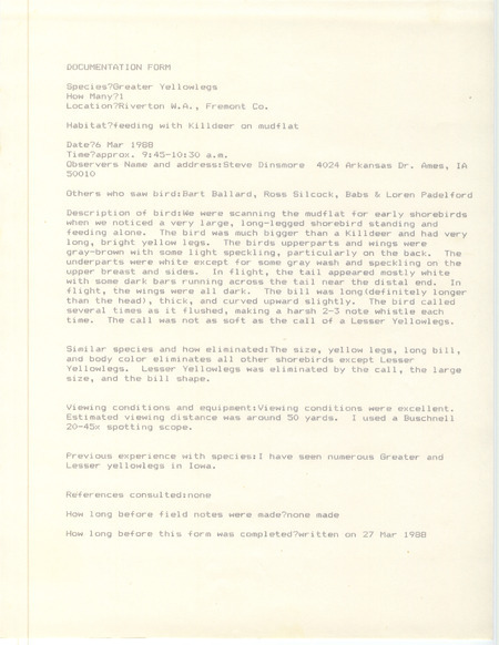 Rare bird documentation form for a Greater Yellowlegs at Riverton Wildlife Area in Fremont County, IA on March 6, 1988.