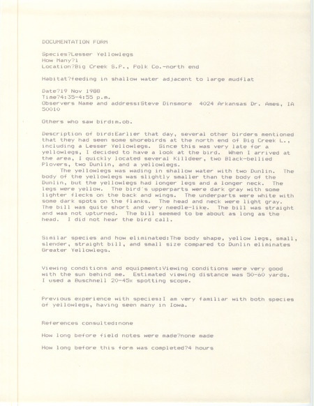 Rare bird documentation form for a Lesser Yellowlegs at Big Creek State Park in Polk County, IA on November 19, 1988.