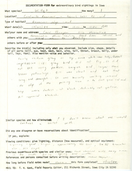 Rare bird documentation form for a Willet at Coralville Reservoir in Babcock Lake Access in Johnson County, IA on October 20, 1984.