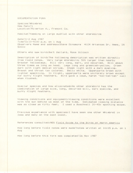 Rare bird documentation form for a Whimbrel at Riverton Area in Fremont County, IA on August 1--2, 1987.