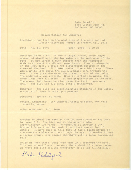 Rare bird documentation for a Whimbrel at Riverton Wildlife Management Area in Fremont County, IA on May 11, 1992.