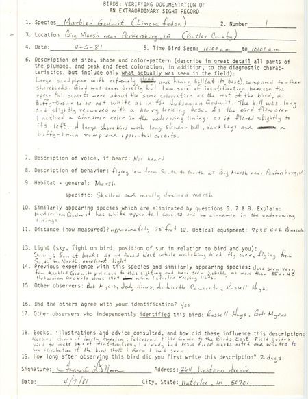 Rare bird documentation form for a Marbled Godwit at Big March near Parkersburg in Butler County, IA on April 5, 1981.