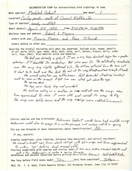Rare bird documentation form for a Marbled Godwit at Council Bluffs in Pottawattamie County, IA on April 24, 1982.