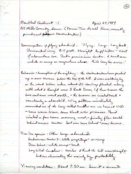 Rare bird documentation form for a Marbled Godwit at northeast Mills County, IA on April 24, 1984.