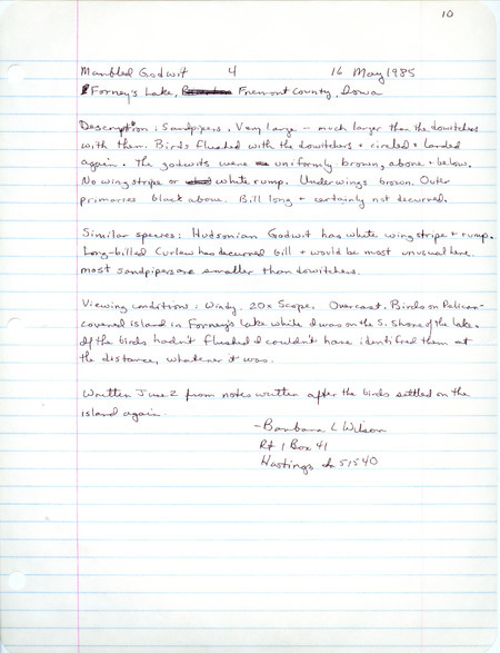 Rare bird documentation form for four Marbled Godwits at Forney's Lake in Fremont County, IA on May 16, 1985.