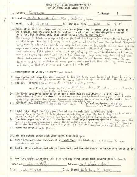 Rare bird documentation form for a Sanderling at Martin Marietta Sand Pits in Waterloo in Black Hawk County, IA on July 26, 1980.
