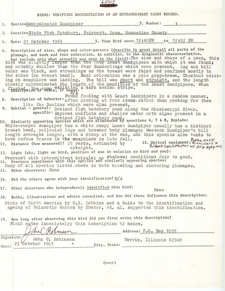 Rare bird documentation form for a Semipalmated Sandpiper at Fairport State Fish Hatchery in Muscatine County, IA on October 21, 1983.